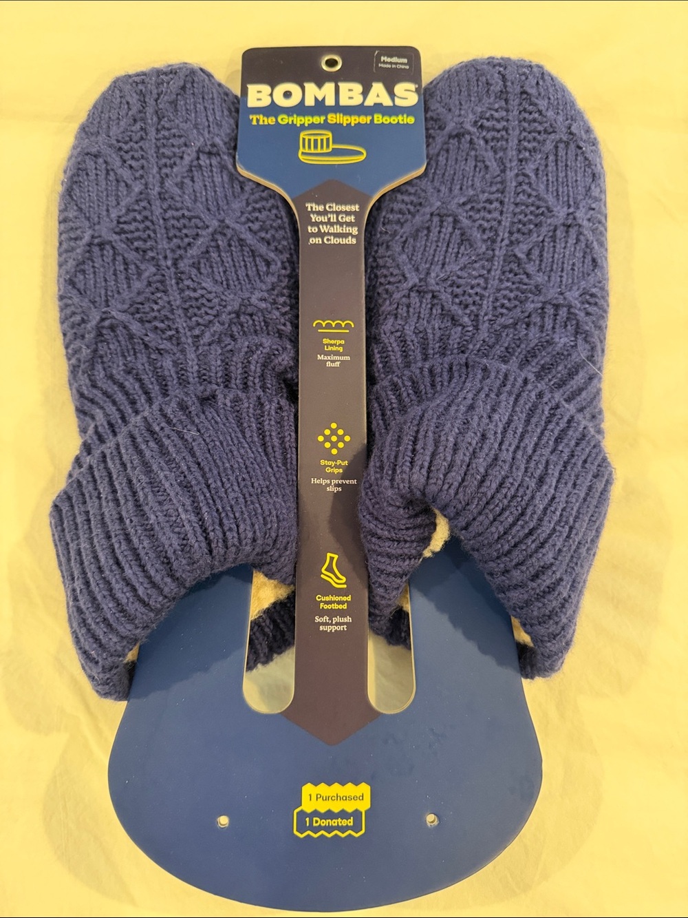 Bombas Women’s Knit Sherpa Lined Gripper Slipper Bootie - Navy, Medium (9-11.5)